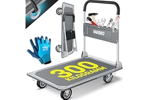 MASKO® Carro de Plataforma, Carro de Almacenamiento, Incl. Guantes de Trabajo, Freno de Bloqueo, con 6 argollas de Seguridad, Ruedas giratorias 360°, Plegable, Capacidad de Carga - 300kg / Gris