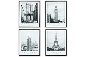 MOORG Set da 4 Quadri su Tela con Struttura Interna in Legno 40x50 cm, Quadro New York, London, Paris e Brooklyn, Stampa su Tela Canvas (City)