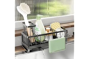 SWTYMIKI Kitchen Sink Caddy Organiser - Sink Tidy Organiser with Auto Draining Tray, Brush Holder, Stainless Steel Sponge Holder with Divider for Countertop Kitchen Storage & Organisation, Black