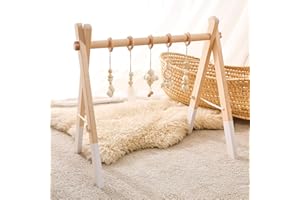 Promise Babe Arco da palestra in legno per bambini, con 5 giocattoli sensoriali staccabili, design in cotone bianco, elementi essenziali per neonati