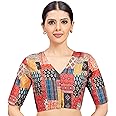 Studio Shringaar Women's Cotton Patchwork Printed Readymade Saree Half Sleeve Blouse