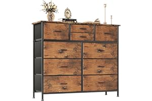CAIYUN Chest of Drawers with 10 Drawers, Bedroom Storage Drawers, Fabric Tall Dresser for Living Room Closet Hallway Entryway, Rustic Brown