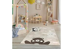 Jimri Tapis pour Chambre d'enfant - Tapis pour Chambre d'enfant - Tapis pour Fille - Ours, Lapins, Panda, cœur - Beige - Dimensions : 120 x 170 cm