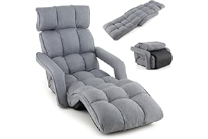 RELAX4LIFE Chaise Paresseuse Rembourré avec Dossier 90°-180°et Oreiller, Fauteuil au Sol Pliable en Surface Suède, Convient au Bureau, Lire, 175 x 55 x 20CM (Gris | Style2)