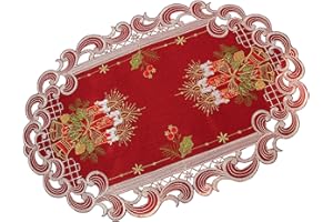 HanaQi Weihnachten Tischläufer Tischdecke Dunkelrot Leinenoptik Rot Kerzen Stickerei (ca. 30x45 cm Oval)