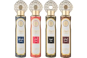 Designer Fragrances Safaa 4 Pack Exclusive Bundle - Amal, Emaan, Malika, Oud Luxury Air Freshener Cans - For Home & Vehicles – Natural Oils, Lasting Smell Spray – Deodorise & Neutralise Odours