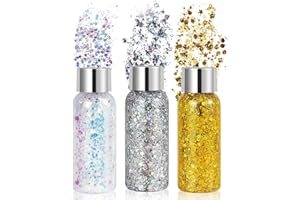 WAVEBEEXS Gel Paillettes Visage, Chunky Paillette Maquillage Festival Gel, Paillette Cheveux Gel, Paillettes Corps et Visage, Glitter Gel Makeup Pour Musical/Party/Masquerade/Visage/Cheveux #Doré+Argent+Blanc