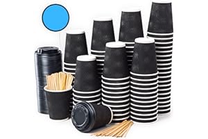 CUPCUP 100 Noir Ondulation Double Paroi Gobelets Carton pour Café à Emporter - Tasse Café 360ml avec Couvercles et Agitateurs en Bois pour Servir Le Café, Le Thé, des Boissons Chaudes et Froides
