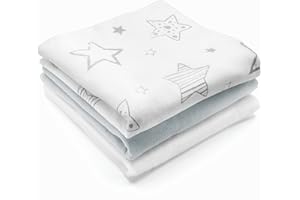 Makian - Lange Molleton 80x80 cm (Lot de 3) - Doux, Absorbant, 100% Coton Flanelle, Oeko-Tex - Blanc, Gris, Étoile