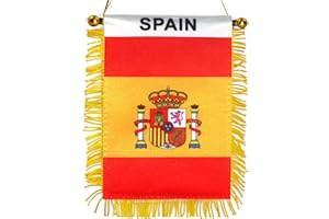 Anley Bandera de España con flecos para colgar en ventana, 4 x 6 pulgadas, minibandera y decoración de espejo retrovisor de coche, bandera española con flecos y ventosa