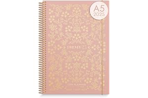 Burde Agenda Semainier 2025 Life Planner Rose Fleur | Planificateur Journalier avec Citations | 142 autocollants inclus | Format A5 21 x 16 cm à Spirale