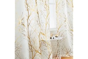 Fmfunctex White Gold Semi Sheer Curtains for Bedroom 90 Drop Voile Curtain for Living Room Branch Foil Eyelet Linen Textured Light Filtering Window Curtain Drapes for Dining Room 2 Panels