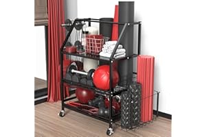 MISOUNDA Rastrelliera Manubri Tappetino da Yoga, rastrelliera Pesi,Organizer per manubri, Rullo fasciale, Supporto per manubri con Ganci e Ruote richiudibili, Porta manubri per Palestra casa