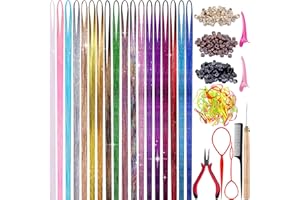 FEQO Hair Tinsel Kit with 3600 Strands Hair Tinsel 48 Inches 18 Colours Heat Resistant Sparkle Shiny Tinsel Hair Extensions Micro Beads Pulling Loop Needle and Plier for Women Girls