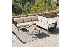 Laxnb Gartenmöbel Set Garten Lounge Möbel Balkonmöbel, 4-5 Sitzer Ecksofa mit Couchtisch und Kissen, Sitzgarnitur Gartenlounge Outdoor Patio Terrassemöbel, Geflochtenes Seilhandwerk, Beige+Schwarz