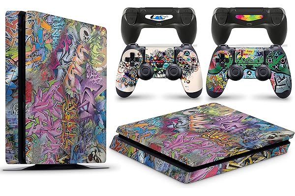 giZmoZ n gadgetZ Calcomanía de Vinilo para Consola PS4 Slim Graffiti + 2 Fundas para Controlador