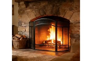 Kingson - Pantalla protectora arqueada de 3 paneles para chimenea, color negro – Pantalla de malla de acero con bisagras de piano – Protección contra chispas para chimenea, plegable y segura para