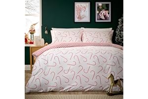 Olivia Rocco Christmas Duvet Cover Set Festive Bedding Quilt Cover Xmas with Pillowcases Reversible Design Easy Care Bed Linen Sets, Candy Cane Red, Double