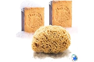 tom&pat Set: Esponja Natural & Jabón de Alepo para un cuidado óptimo de la piel y el cabello, Calidad Mediterránea, DERMATEST: MUY BUENO - esponja de baño (15-16 cm) / jabón de Alepo (2 x 200 g)