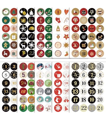Autocollants Numérotés Noël 1 à 24 - Pour Calendrier De L'Avent - Motifs Père Noël, Sapin - Lot Décoratif