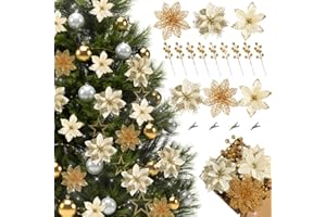 Hawesome 30Pcs 3 Styles Christmas Poinsettia Flowers Decoration Indoor，Artificial Glitter flowers Christmas Tree Decorations Set with Artificial Leaves and Berry Stems for Outdoor window decor (Gold)
