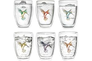Creano Kieliszki Hummi, latte Macchiato, szklanki termiczne z kolibrem, zestaw 6 sztuk, 250 ml, w kolorach niebieskim, czerwonym, zielonym, pomarańczowym, fioletowym, żółtym