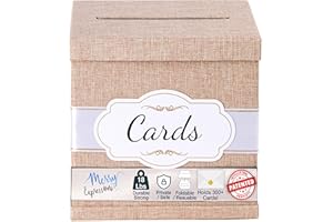 Merry Expressions Burlap Wedding Card Box for Party, Wedding, Birthday, Graduation, 25 x25 cm - Large Post Box for Cards & Memories - Wedding Gift Card Box with White & Gold Satin Ribbon & Cards Label