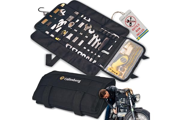 Odinsberg Sac à Outils Moto Enroulable - Outils NON inclus - Sacoche avec 56 élastiques, poche, système MOLLE et double fermeture pour protéger et organiser la trousse à outils