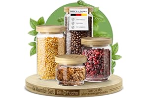 ElbFuchs® Juego de tarros de cristal con tapa en diferentes tamaños (4 unidades) de vidrio de borosilicato, tarros de cristal herméticos, juego de recipientes para especias y alimentos