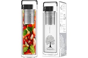 amapodo Bouteille Infuseur à Thé - Bouteille Isotherme 400ML en Verre Double Paroi, Filtre Inox - Infusion à Thé - Tea Bottle (Tea Tree - Design (anse argent))