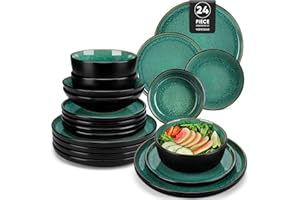 vancasso 24 Piece Dinner Set, Stoneware Plates and Bowls Set for 6, Mediterranean Style Dinner Sets in Vibrant Green, Playa Series Dinner Service Set for 6