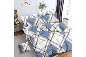 ETREXONLINE Juego de Funda Nórdica 4 Piezas para Cama de 150 Microfibra de Poliéster Muy Suave Transpirable y Moderno Incluido Una Funda Edredón, Una Bajera y Dos Fundas de Almohad(Cuadrado Azul y Blanco)