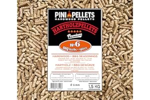 PINI Pellets de Bois Dur №6 BBQ Herbes + épices 1,5 kg Grill Pellets pour Griller, Faire Fumer, également pour Les Fours à Pizza à granules