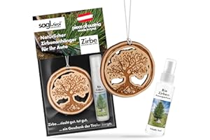 SAGL.TIROL HOLZMANUFAKTUR sagl.tirol Auto Duft aus Zirben Holz [100% Bio] inkl. Zirben Raum Parfüm 5ml I verschiedene Motive I natürlicher Auto Duftbaum I Auto Duft Innenraum I Auto Lufterfrischer I Autoduft I Baum des Lebens