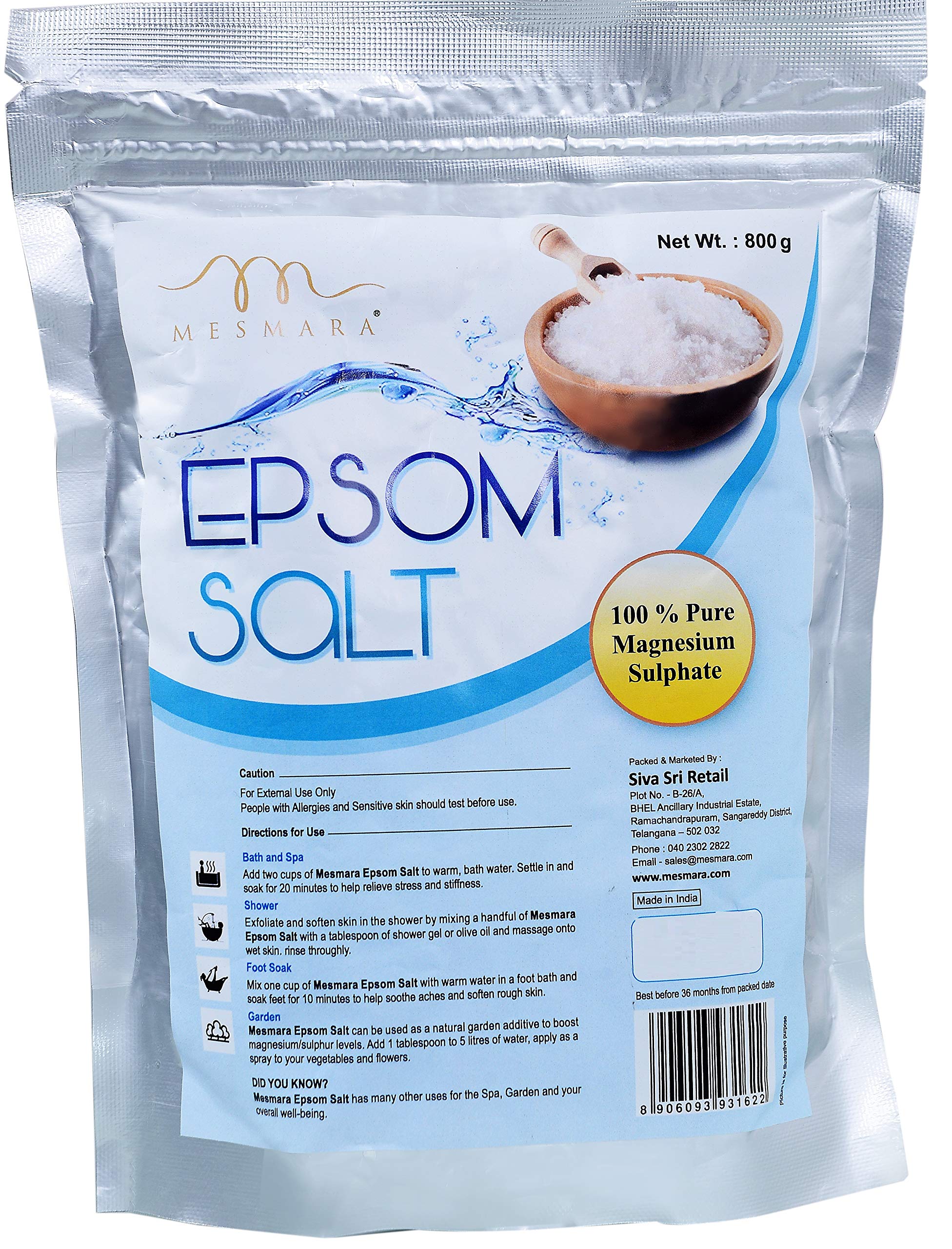 Mesmara Epsom Salt - 800g (Magnesium Sulphate) For Relaxation Muscle Relief, Relives Aches & Pain,Plant Growth
