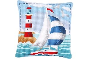 Vervaco Kreuzstichkissen Leuchtturm & Segelboot, Stickbild vorgezeichnet Kit de Punto de Cruz para cojín, predefinido, Algodón, écru, 40.0 x 40.0 x 0,3 cm