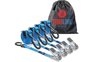 STURDLINK Cinghie di Fissaggio 25mm 5m con Ganci S di Sicurezza 400kg/800kg con Chiusara a Strappo + Borsa | Ideale per l'Uso su Anelli di Ancoraggio : Rimorchio, Utilità, Bagagliaio Auto, Portamoto | EN12195-2