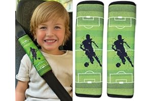 HECKBO 2x Protezione per Cintura di Sicurezza Motivo Calcio con Calciatore - Spallina Imbottita, Cuscino per Auto, Imbottitura per Cintura di Sicurezza Seggiolini, Copricintura per Bambini e Ragazzi