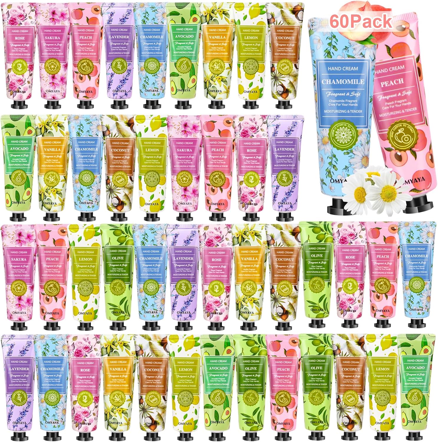Cremas de Manos Mini, 60 x 30ml mini set de regalo para mujer crema mano perfumada para manos y pies, ideal para manos secas y agrietadas, pequeño regalo para mujer, novia, Navidad, cumpleaños