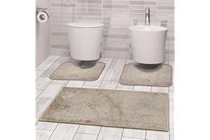Comart - Set Tappeti Ocean Bagno - Tris Tappetini Bagno: Un Tappeto Rettangolare 45x75 cm + Due Giro Water o Bidet 45x75 cm - Soffici e Morbidi - Sottili e Antiscivolo - Lavabili in Lavatrice - Beige