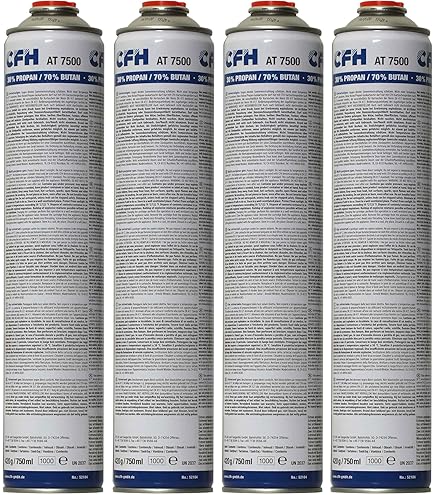 CFH Universaldruckgasdose AT 2000 – 4 Stück, Druck Gas Dose mit Anschraubgewinde nach DIN EN 417, Propan/Butan-Gasgemisch (30%/70%), 4x Inhalt 330 g, Für Gasgeräte mit Schraubanschluss nach DIN 521