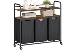 Hzuaneri Panier à Linge à 3 Compartiments, avec 2 étagères, Sac à Linge Extensible et Amovible, par Sac de 46 l, 3 x 46 l, pour Salle de Bain, buanderie, Marron Vintage/Noir LB08601B