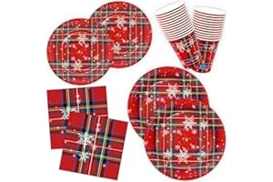HNH Piatti, Tovaglioli e Bicchieri di carta Natale Rosso scozzese 100 pezzi Piatti di carta da dessert usa e getta Set di Stoviglie monouso per feste