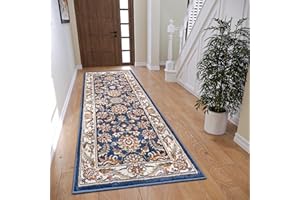 HANSE Home Reni Alfombra Oriental – Alfombra clásica densa Tejida con Adornos y Motivos Florales, Pelo Corto Suave para Dormitorio, Comedor, salón, Pasillo, Color Azul Crema, 80 x 240 cm