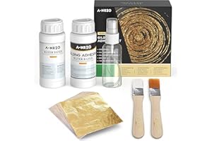 ANRZO Set di adesivi per doratura a foglia d'oro,100 ml Adesivo a Base d'Acqua e Vernice Protettiva100ml, Fogli di Foglia d'oro, 100 Pezzi, per rtigianato, pittura e Arte