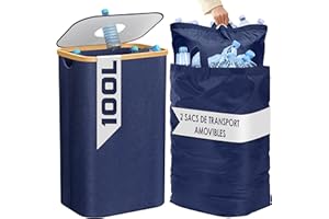 BAM BOO BOX Poubelle de Cuisine 100L - Poubelle de Recyclage avec 2 Sacs de Transport XXL - Poubelle Tri avec Sac de Transport Supplémentaire - Poubelle 100l Cuisine avec Trou - Poubelle Plastique (Bleu)