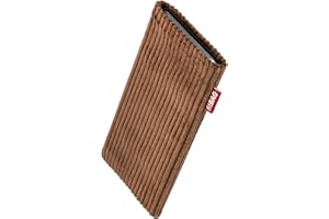 fitBAG Retro Braun Handytasche für Apple iPhone 15 Pro Max Tasche aus Cord-Stoff mit Microfaserinnenfutter | Hülle mit Reinigungsfunktion | Made in Germany