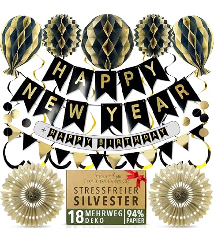 Silvester Deko 2026 Set – Happy New Year Banner Mit 12 Schwarz-goldenen Spiralen, Wiederverwendbar