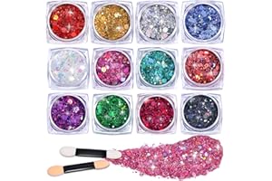 LEOBRO 12Pcs Chunky Body Glitter Gel, Festival Glitter for Face, Eye, Body, Hair, Sequins for Makeup, 3MM/2MM/1MM/0.2MM