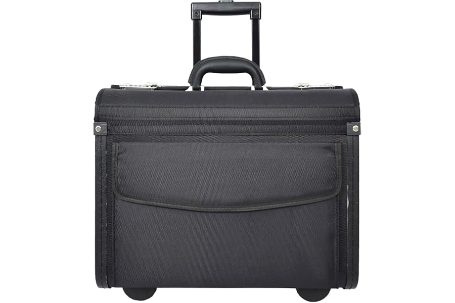 House Of Leather Rolling Pilot Case on Wheels Business Office Organiser Laptop Bag Cockpit Black